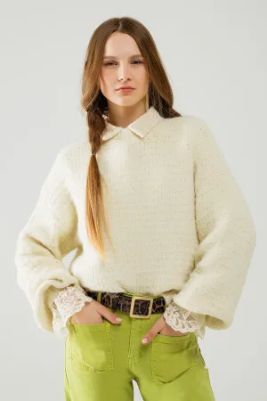 Beige Knit Sweater with balloon Sleeves