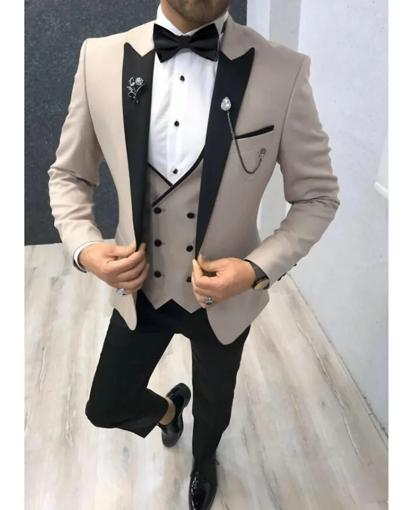 Beige Wedding Tuxedos Peak Lapel 3 Pieces Men's Formal Prom Dinner CB0603