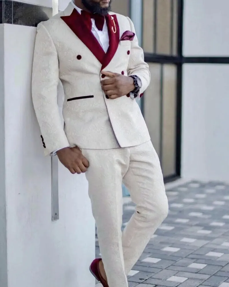 Beige/ivory Paisley Tuxedo 2 Pieces with Burgundy Peak Lapel CS2435