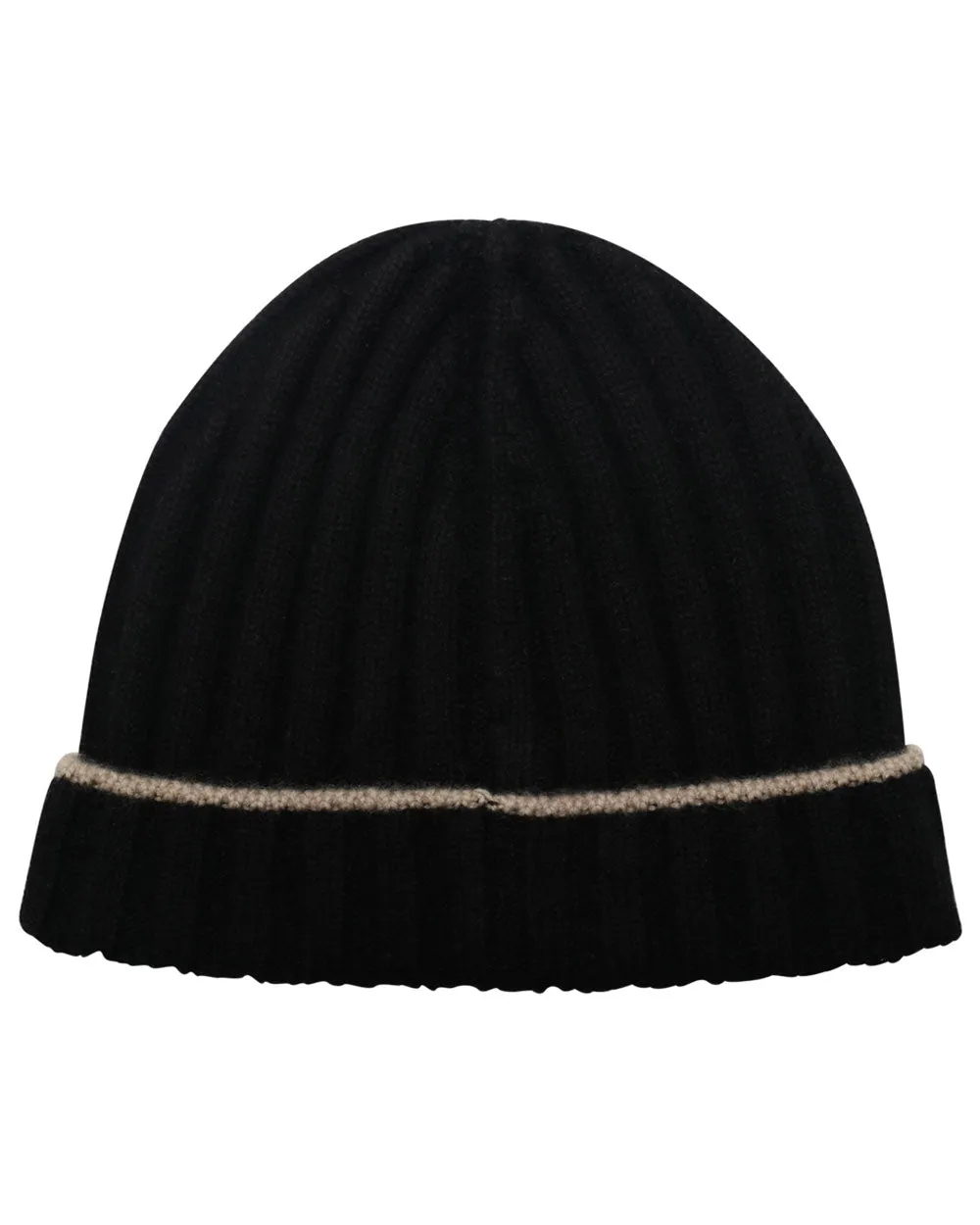 Black and Cream Wide Ribbed Cashmere Beanie