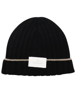 Black and Cream Wide Ribbed Cashmere Beanie