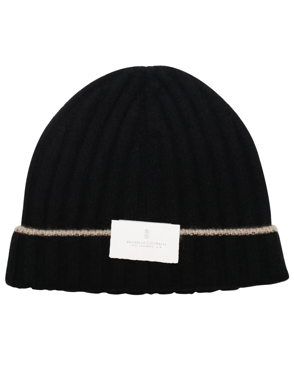 Black and Cream Wide Ribbed Cashmere Beanie