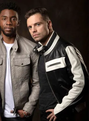 BLACK AND WHITE LEATHER JACKET WORN BY SEBASTIAN STAN