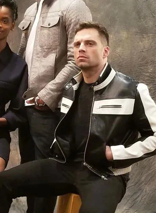 BLACK AND WHITE LEATHER JACKET WORN BY SEBASTIAN STAN