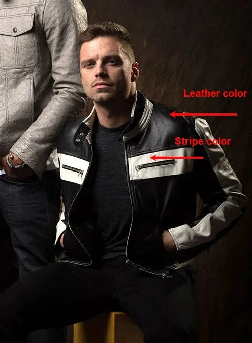 BLACK AND WHITE LEATHER JACKET WORN BY SEBASTIAN STAN