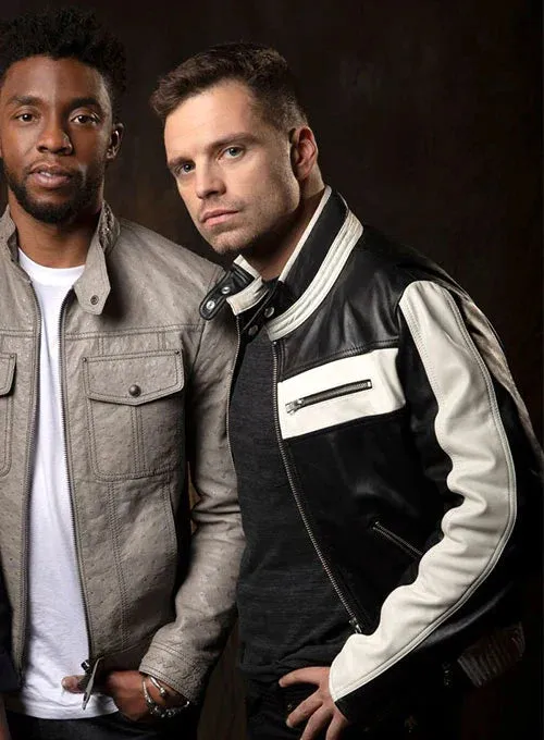 BLACK AND WHITE LEATHER JACKET WORN BY SEBASTIAN STAN