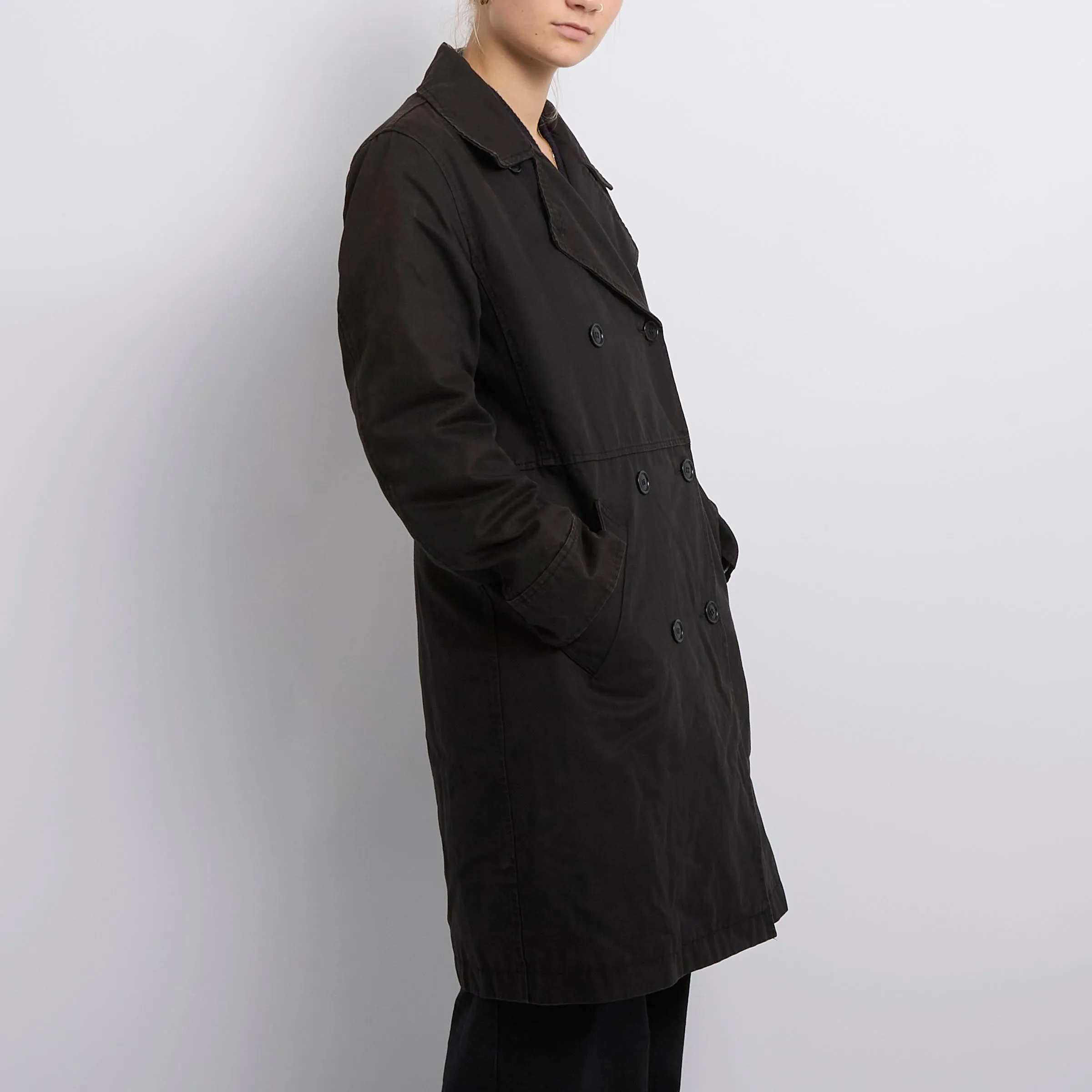 Black Double Breasted Padded Trench Coat-UK 14