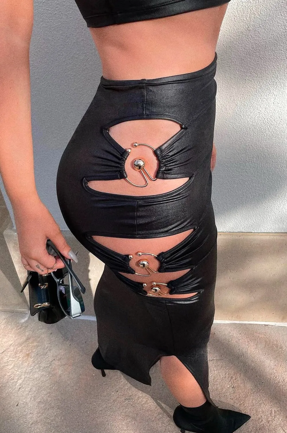 Black Faux Leather Bandeau Gold Ring Cut Out Slit Skirt Two Piece Set