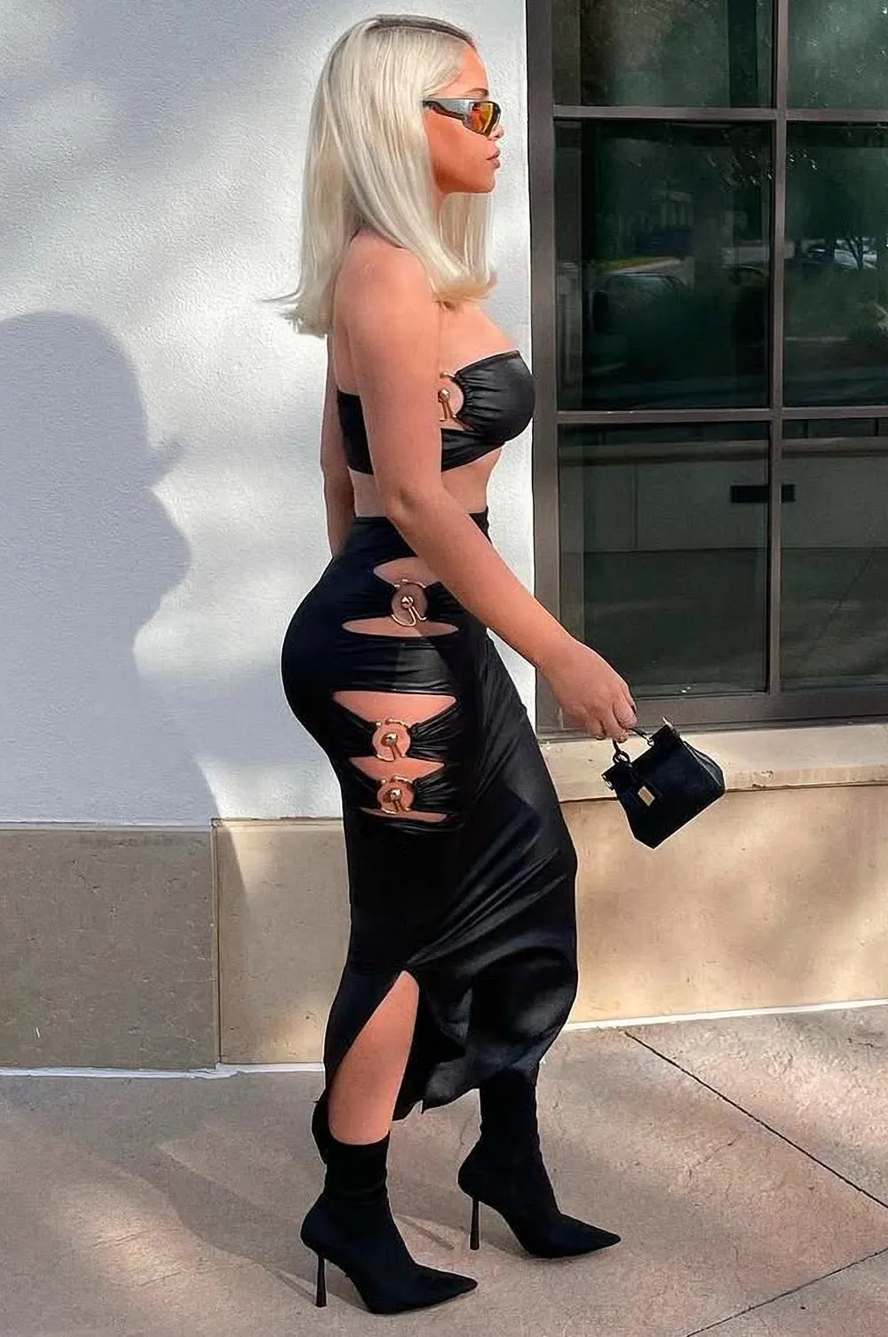 Black Faux Leather Bandeau Gold Ring Cut Out Slit Skirt Two Piece Set