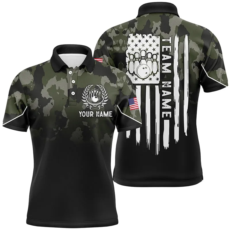 Black Green Camo Mens Long Sleeve Polo Bowling Shirts Custom American Flag Patriotic Bowling Team League Jerseys
