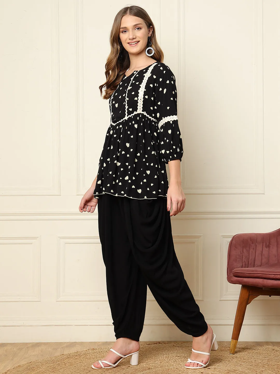 Black Heart Printed Peplum Top With Harem Pant Women Indo Western Co-Ord Sets