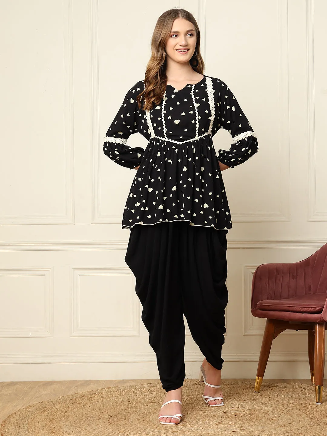 Black Heart Printed Peplum Top With Harem Pant Women Indo Western Co-Ord Sets