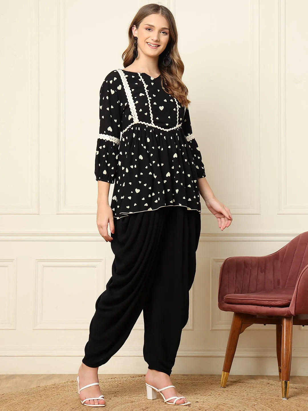 Black Heart Printed Peplum Top With Harem Pant Women Indo Western Co-Ord Sets