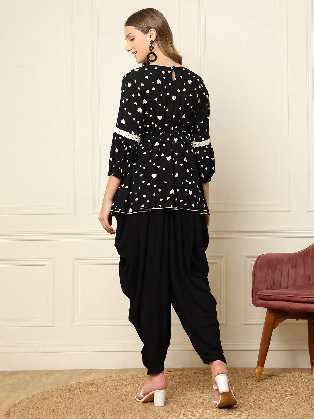 Black Heart Printed Peplum Top With Harem Pant Women Indo Western Co-Ord Sets