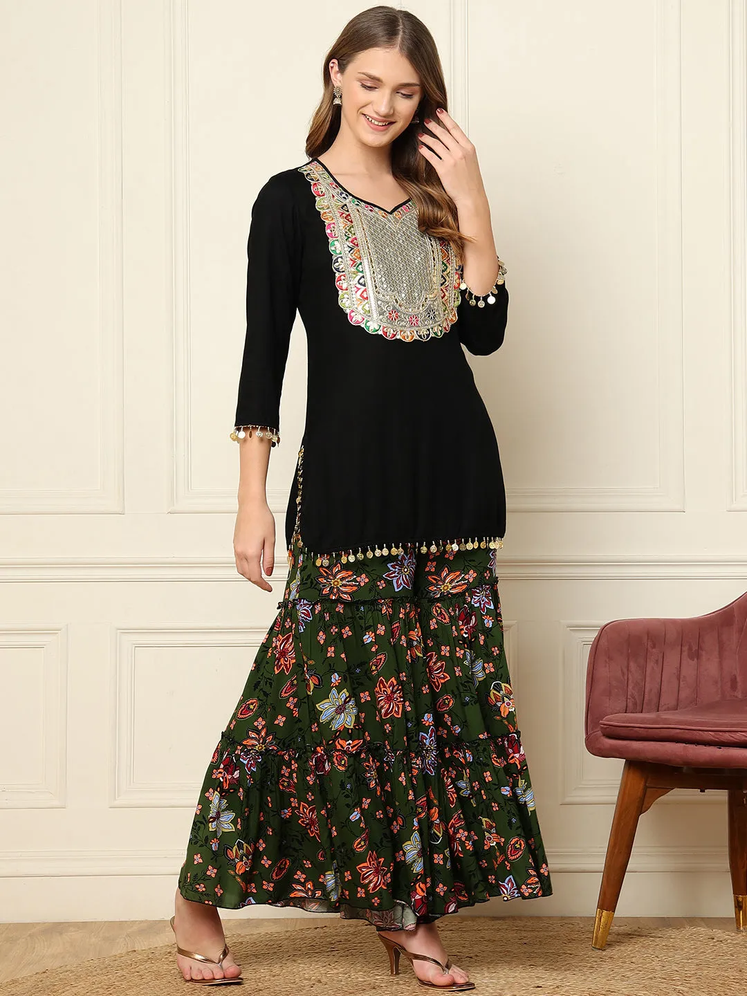 Black Kurti With Printed Sharara Women Indo Western Women Co-Ord Sets