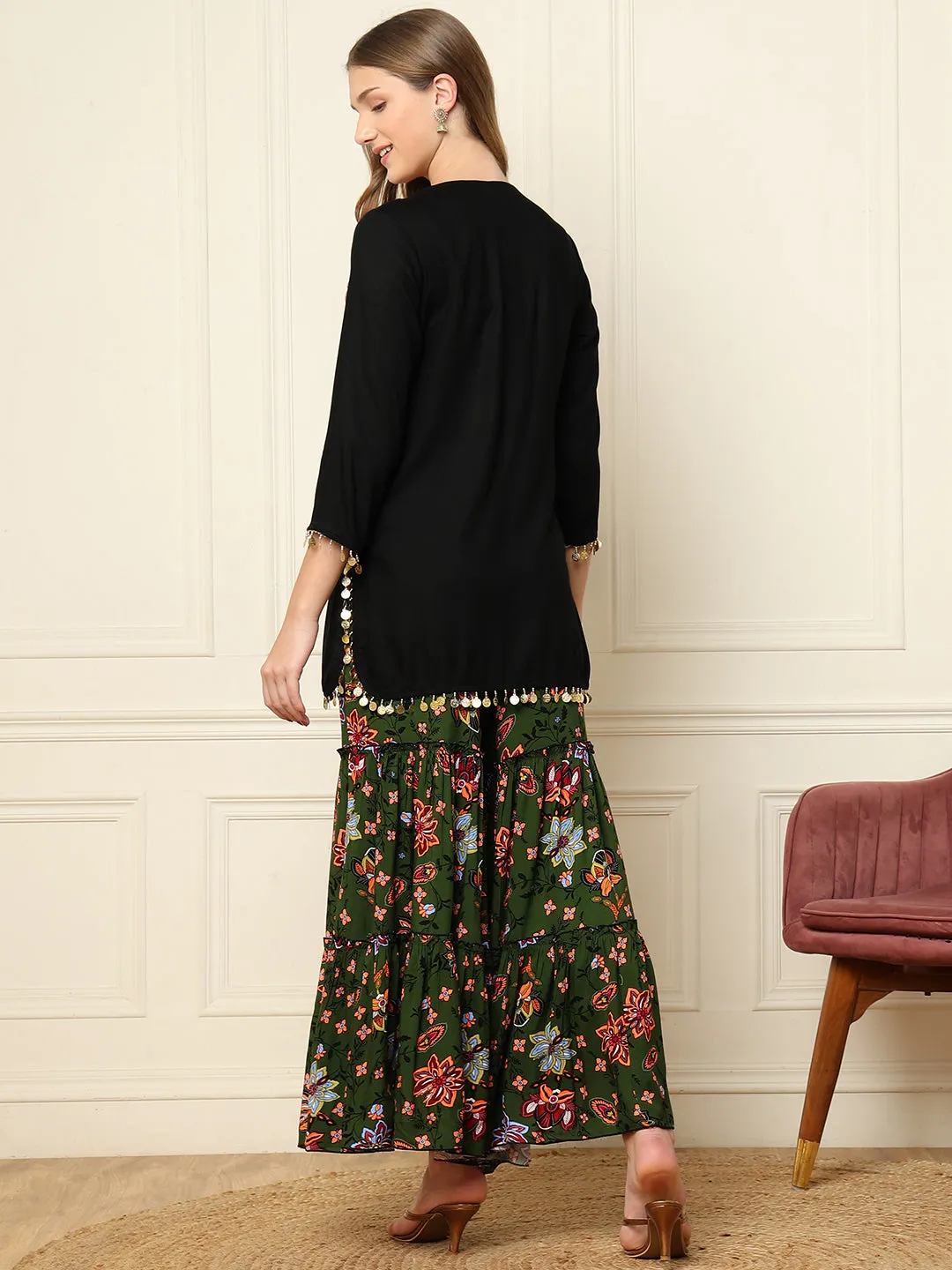 Black Kurti With Printed Sharara Women Indo Western Women Co-Ord Sets