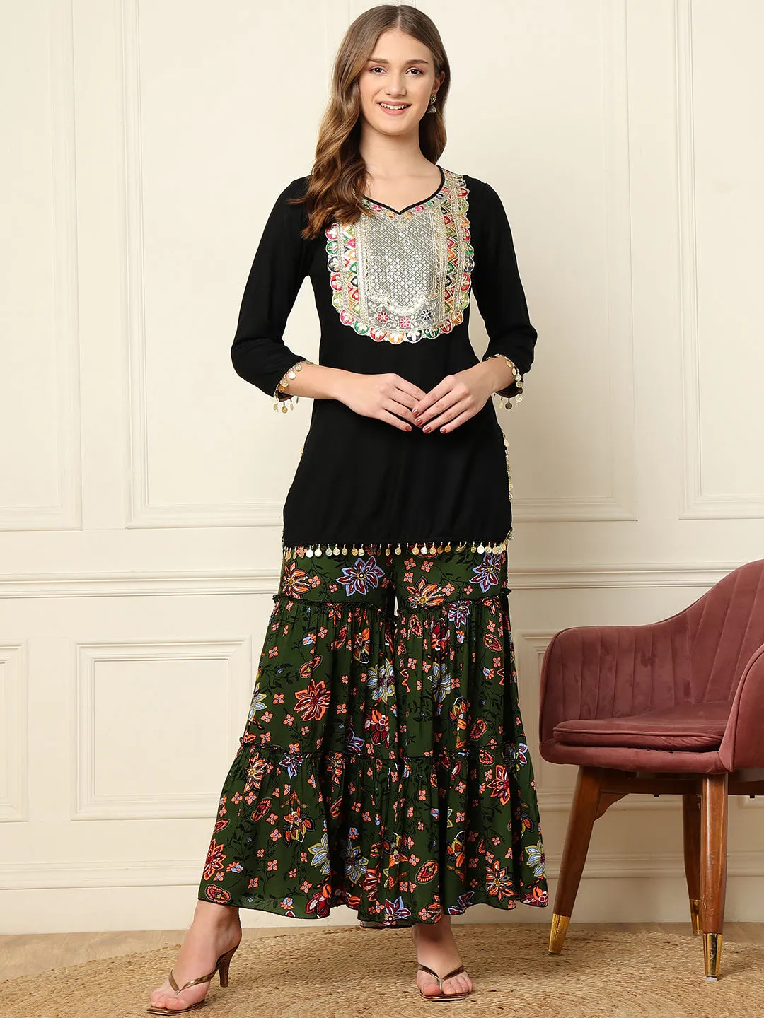 Black Kurti With Printed Sharara Women Indo Western Women Co-Ord Sets