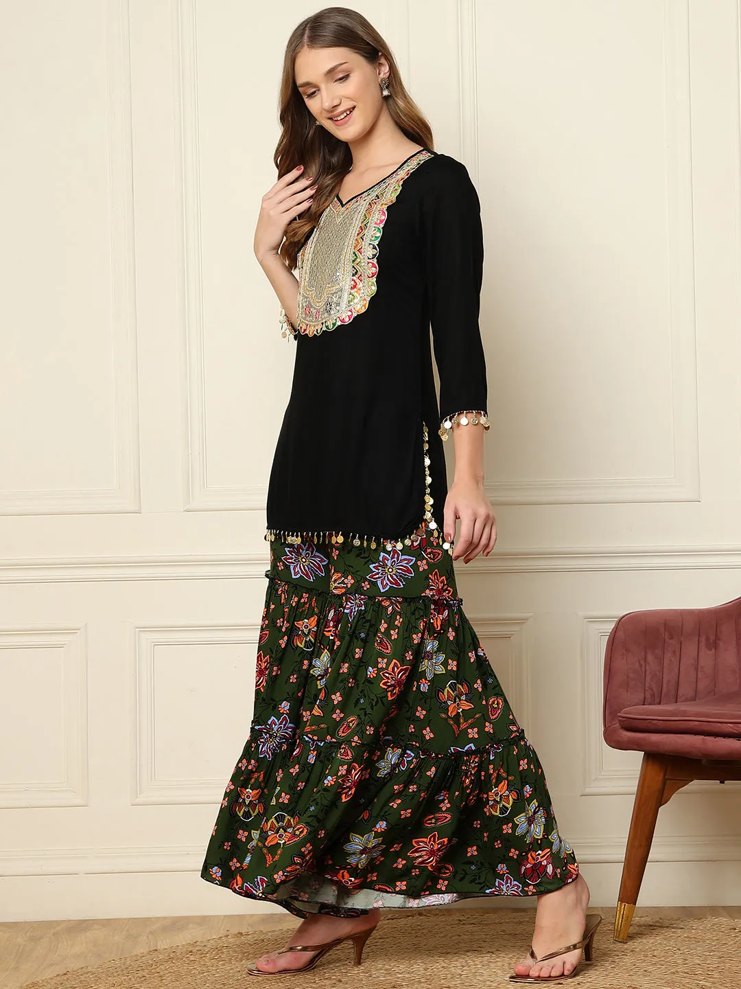 Black Kurti With Printed Sharara Women Indo Western Women Co-Ord Sets