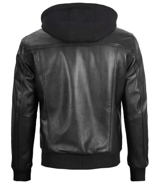 Black Mens Leather Bomber Jacket with Hood