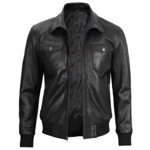 Black Mens Leather Bomber Jacket with Hood