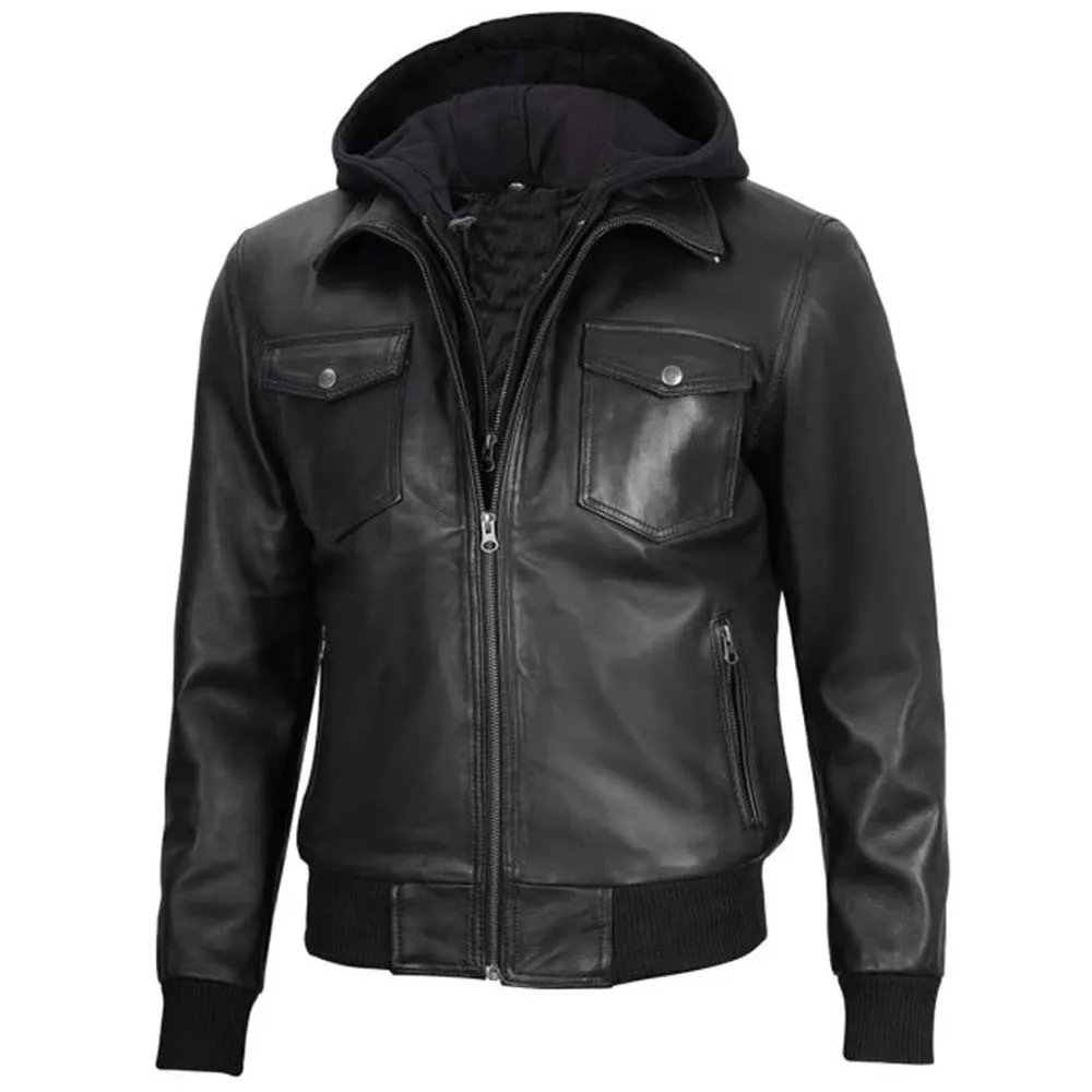 Black Mens Leather Bomber Jacket with Hood