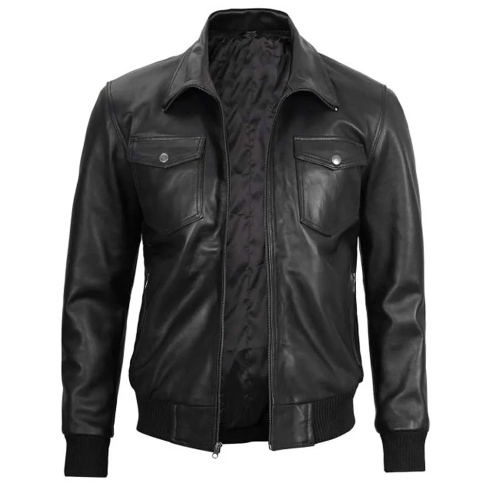 Black Mens Leather Bomber Jacket with Hood