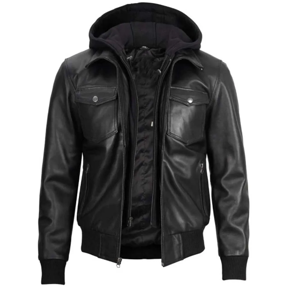 Black Mens Leather Bomber Jacket with Hood