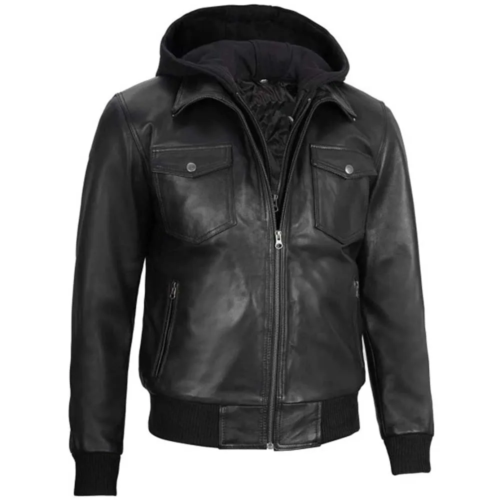 Black Mens Leather Bomber Jacket with Hood