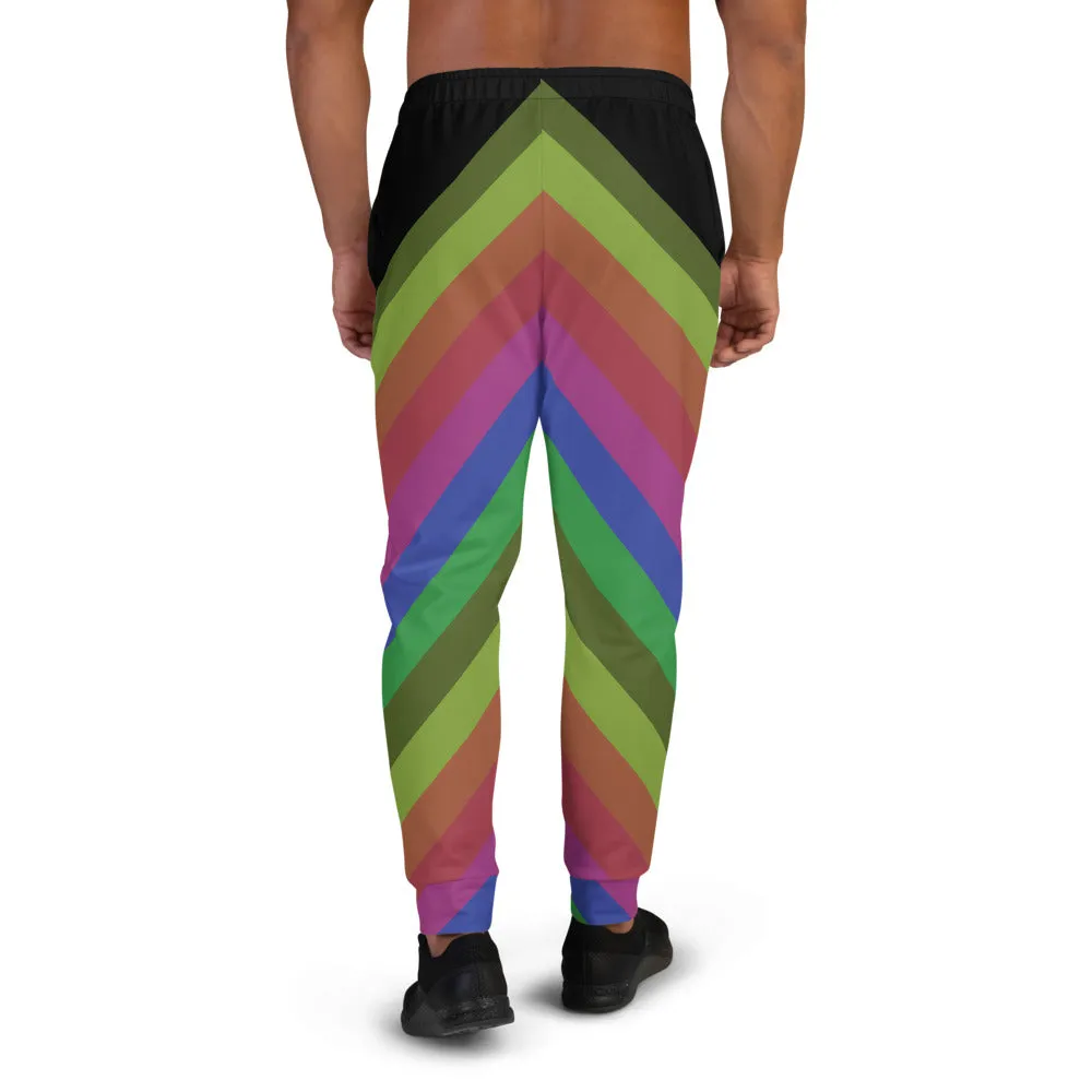 Black Rainbow Stripe Men's Joggers, Rave Party Stripy Colorful Men's Sweatpants -Made in USA/MX/EU