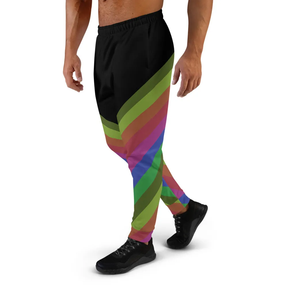 Black Rainbow Stripe Men's Joggers, Rave Party Stripy Colorful Men's Sweatpants -Made in USA/MX/EU