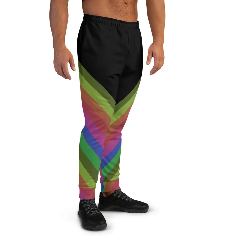 Black Rainbow Stripe Men's Joggers, Rave Party Stripy Colorful Men's Sweatpants -Made in USA/MX/EU