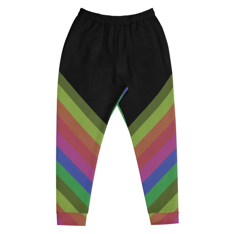 Black Rainbow Stripe Men's Joggers, Rave Party Stripy Colorful Men's Sweatpants -Made in USA/MX/EU