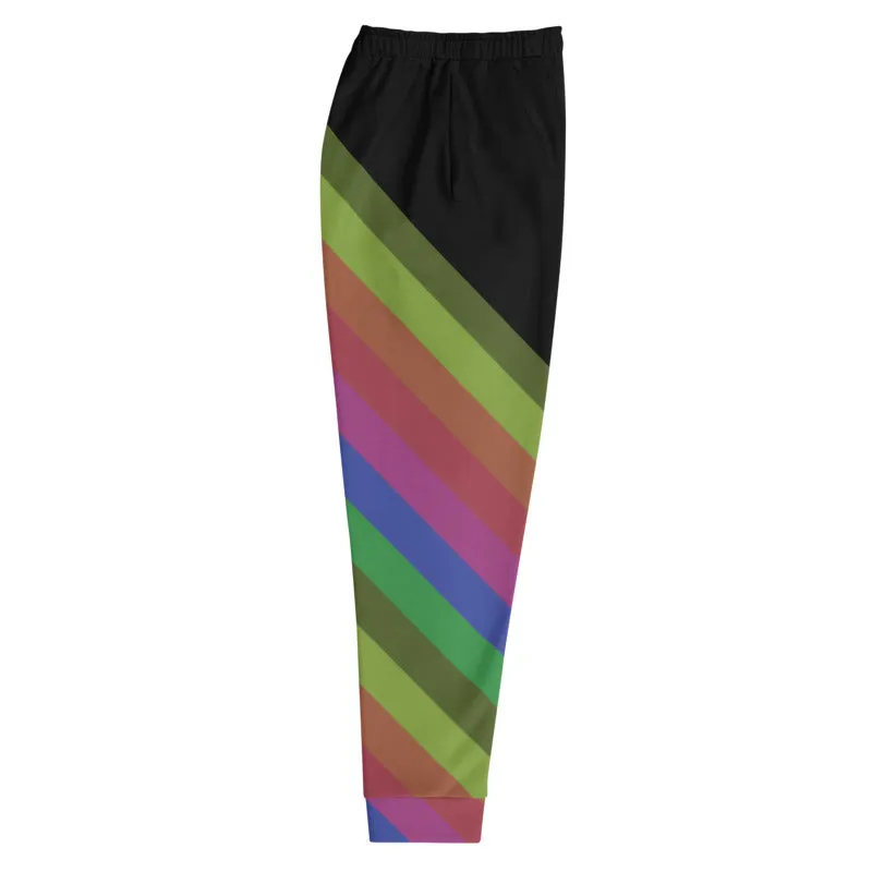 Black Rainbow Stripe Men's Joggers, Rave Party Stripy Colorful Men's Sweatpants -Made in USA/MX/EU