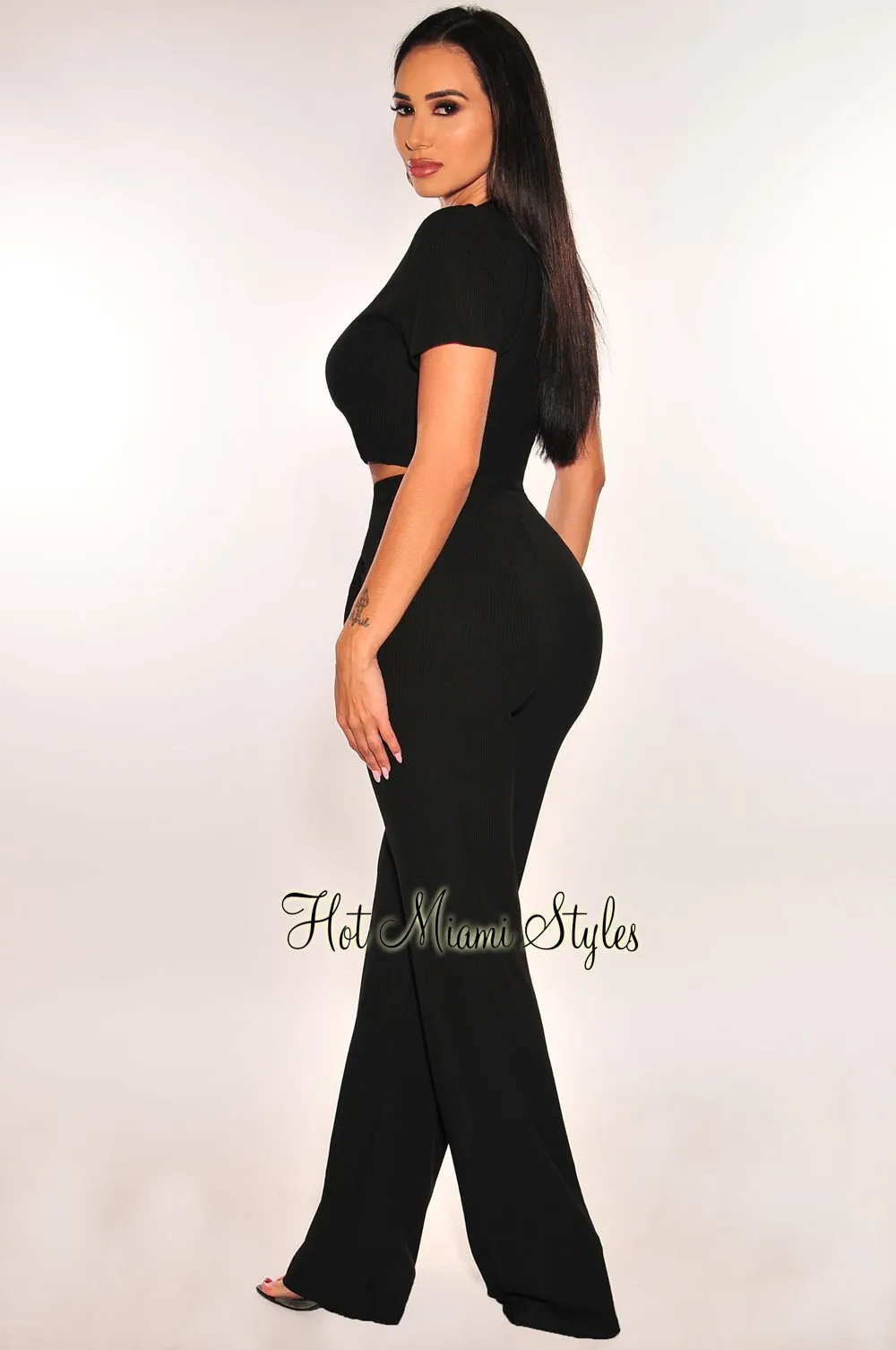 Black Ribbed Short Sleeve Wide Leg Pants Two Piece Set