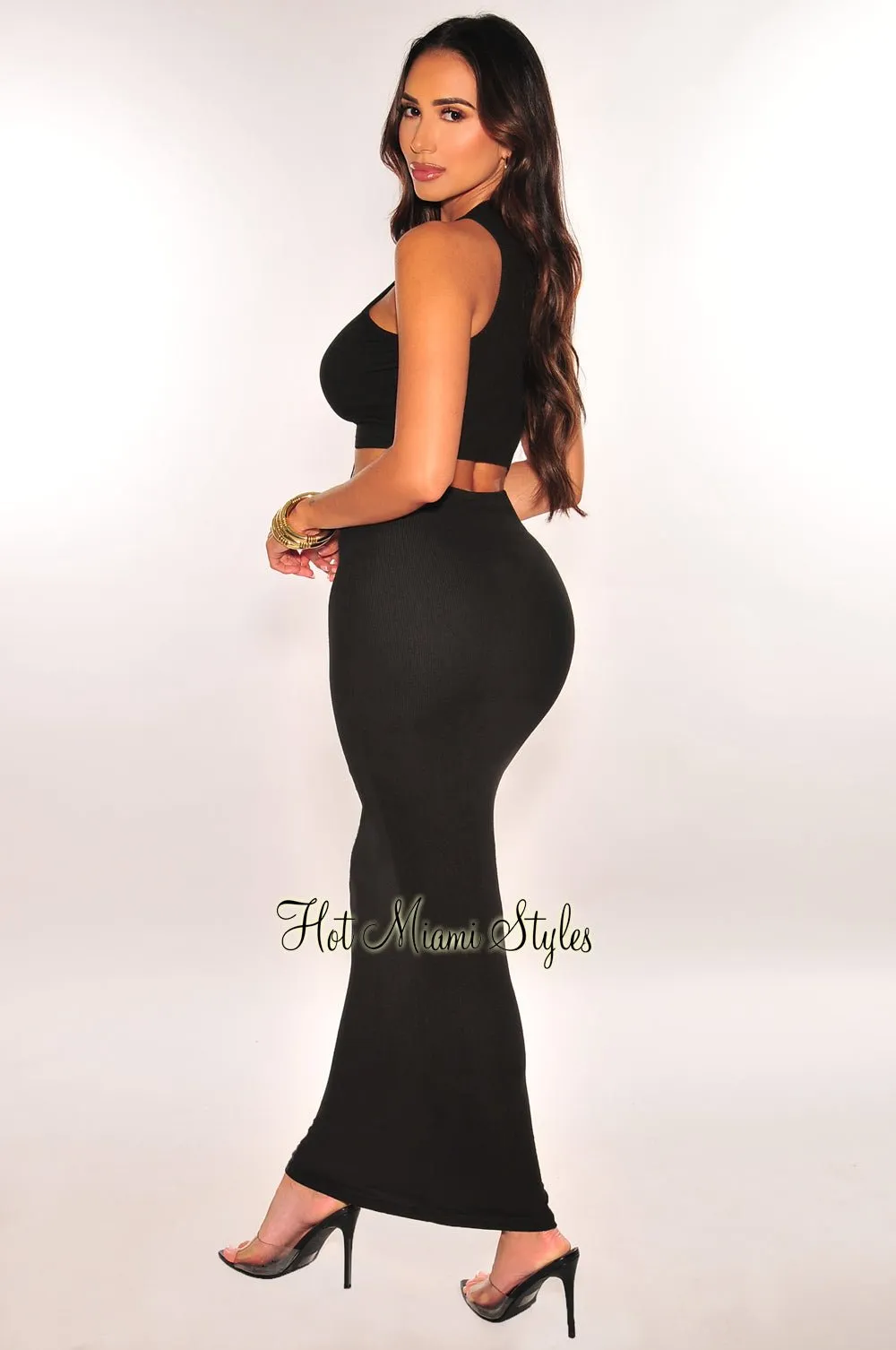 Black Ribbed Sleeveless Lace Up Maxi Skirt Two Piece Set