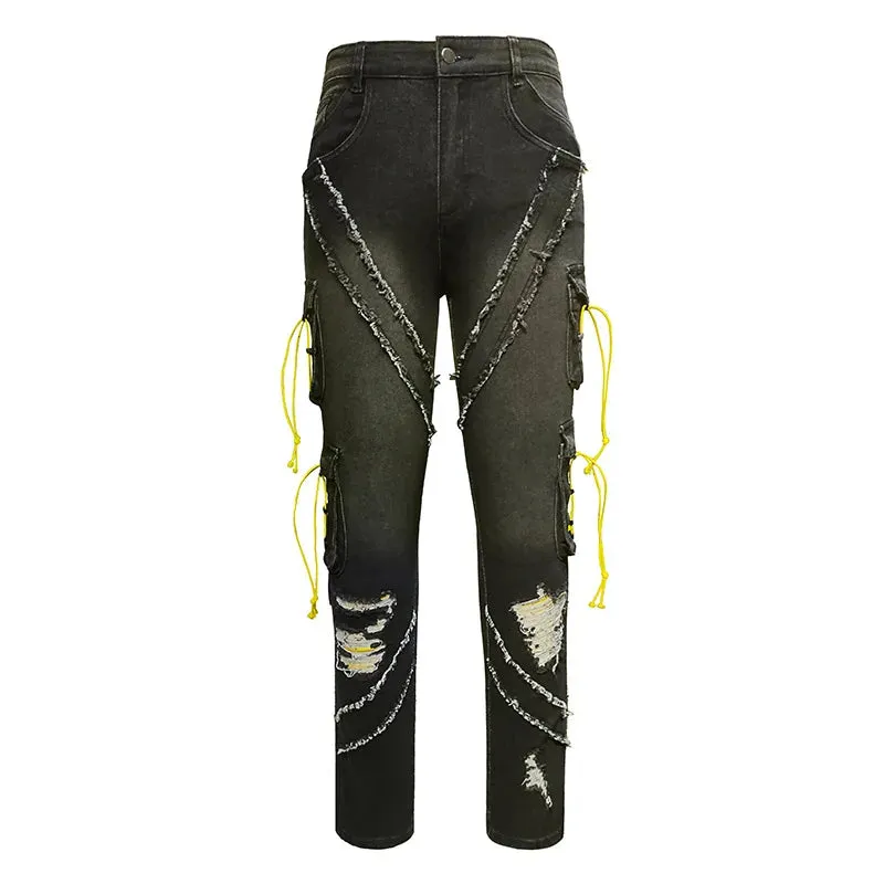 Black Ripped Lace-Up Straight Jeans