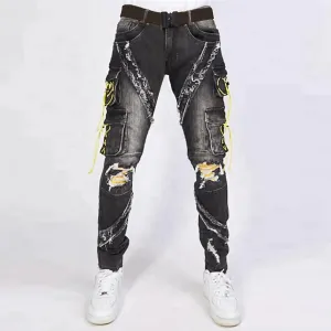 Black Ripped Lace-Up Straight Jeans