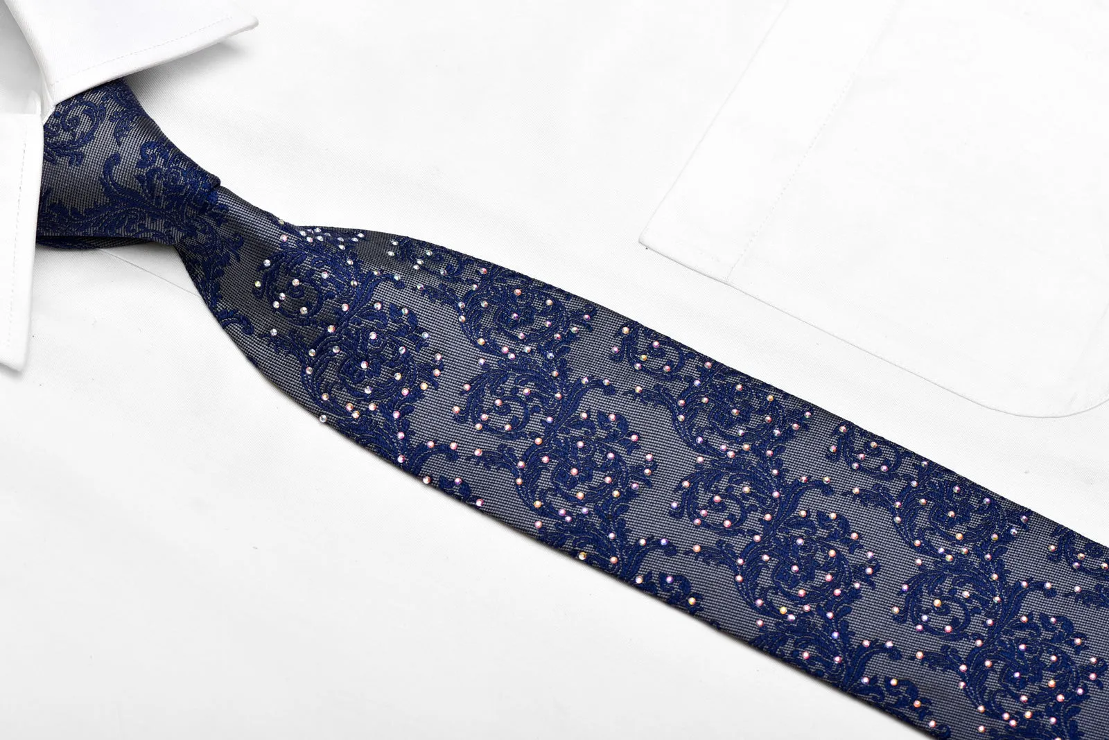 Blue Acanthus Scrolls On Dark Gray Silver Rhinestone Silk Necktie