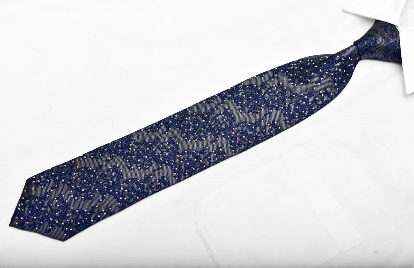 Blue Acanthus Scrolls On Dark Gray Silver Rhinestone Silk Necktie
