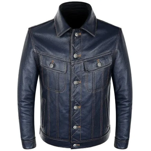 Blue Cowboy Genuine Leather Jacket Men's Natural Cowhide Slim