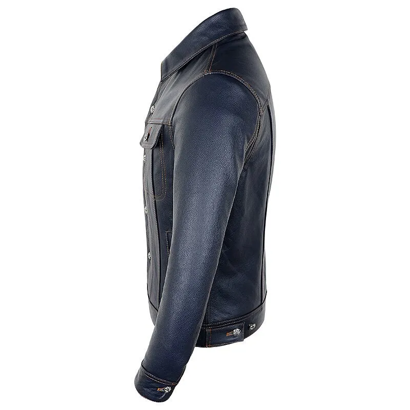 Blue Cowboy Genuine Leather Jacket Men's Natural Cowhide Slim