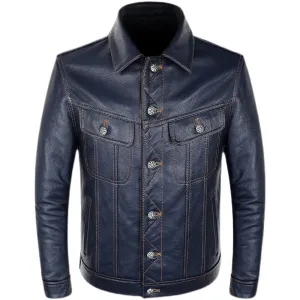 Blue Cowboy Genuine Leather Jacket Men's Natural Cowhide Slim