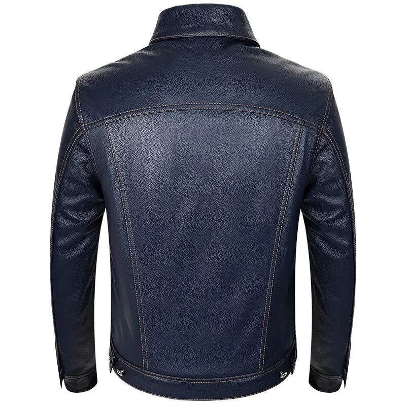 Blue Cowboy Genuine Leather Jacket Men's Natural Cowhide Slim