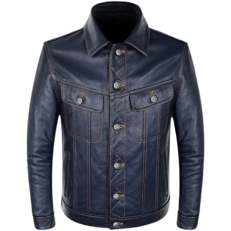 Blue Cowboy Genuine Leather Jacket Men's Natural Cowhide Slim
