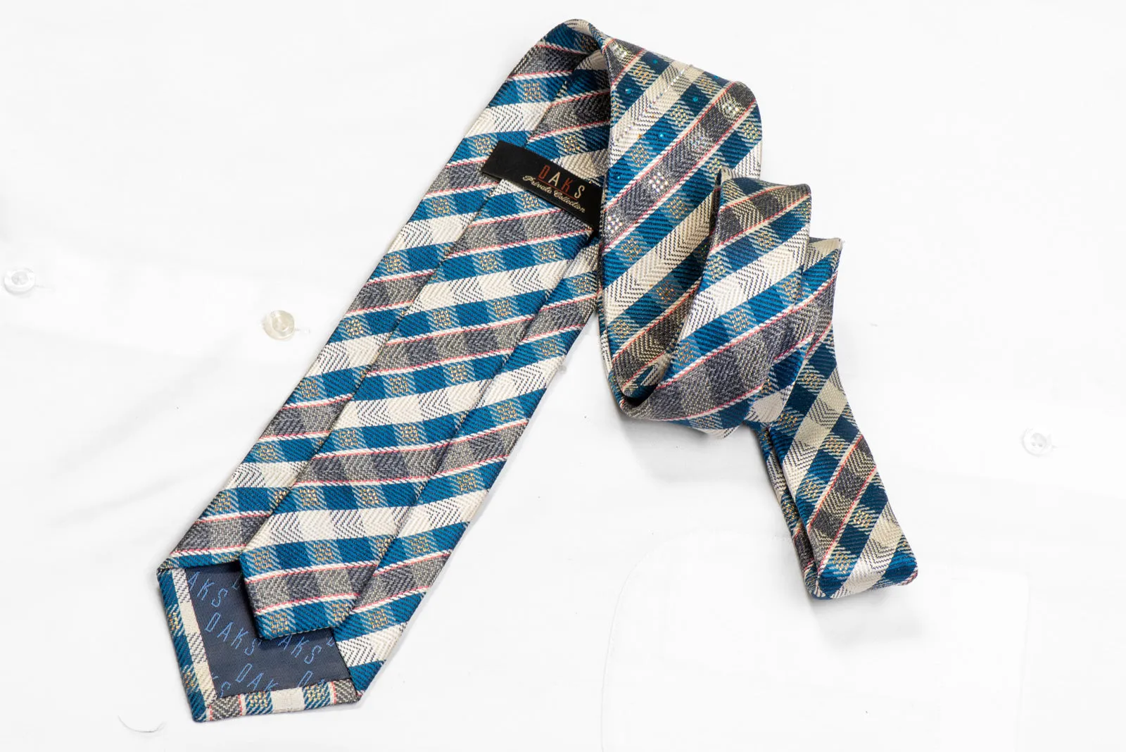 Blue Cream Gray Plaid Rhinestone Necktie With Gold Sparkles