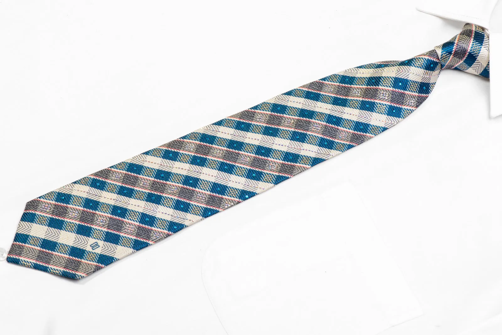 Blue Cream Gray Plaid Rhinestone Necktie With Gold Sparkles