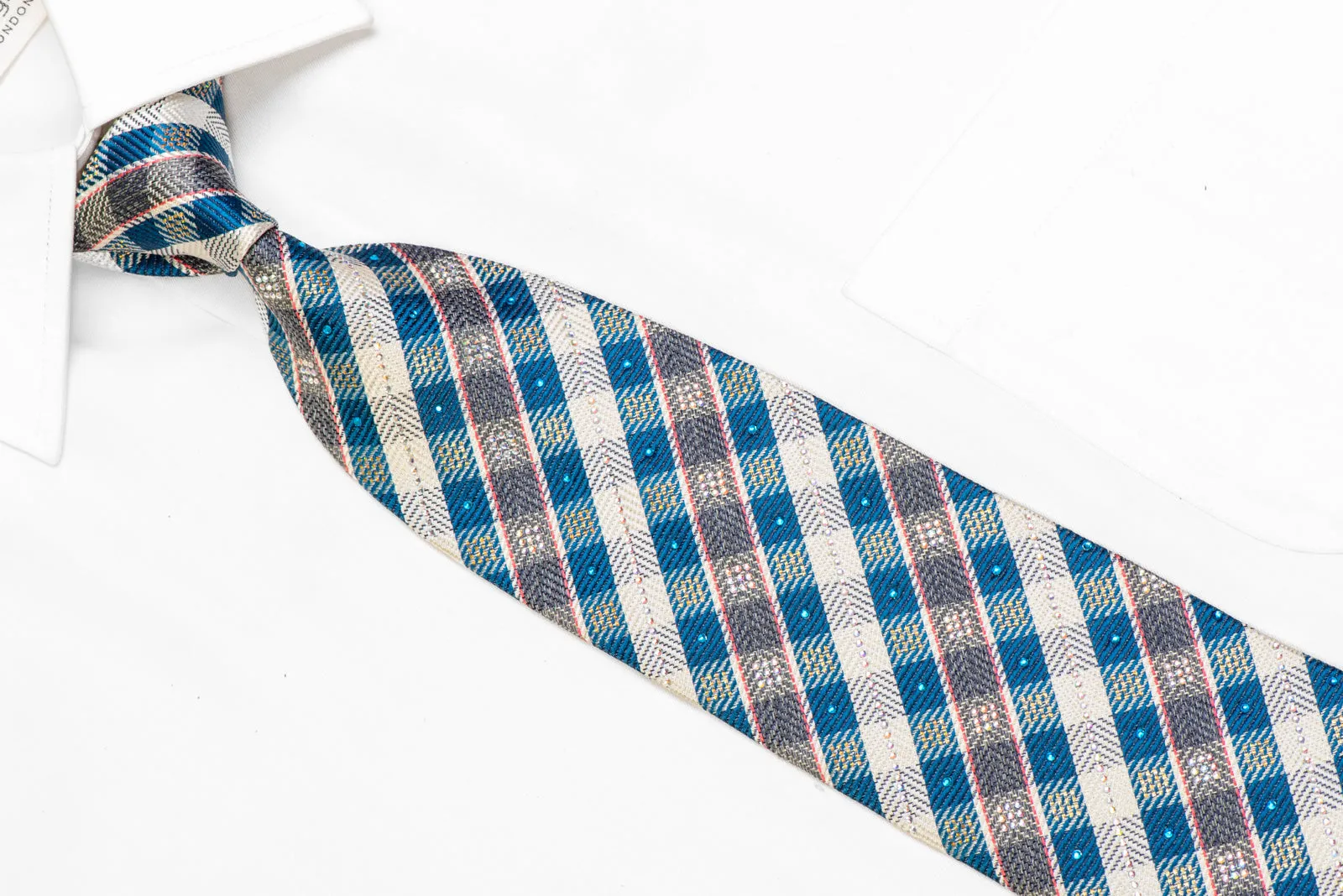 Blue Cream Gray Plaid Rhinestone Necktie With Gold Sparkles