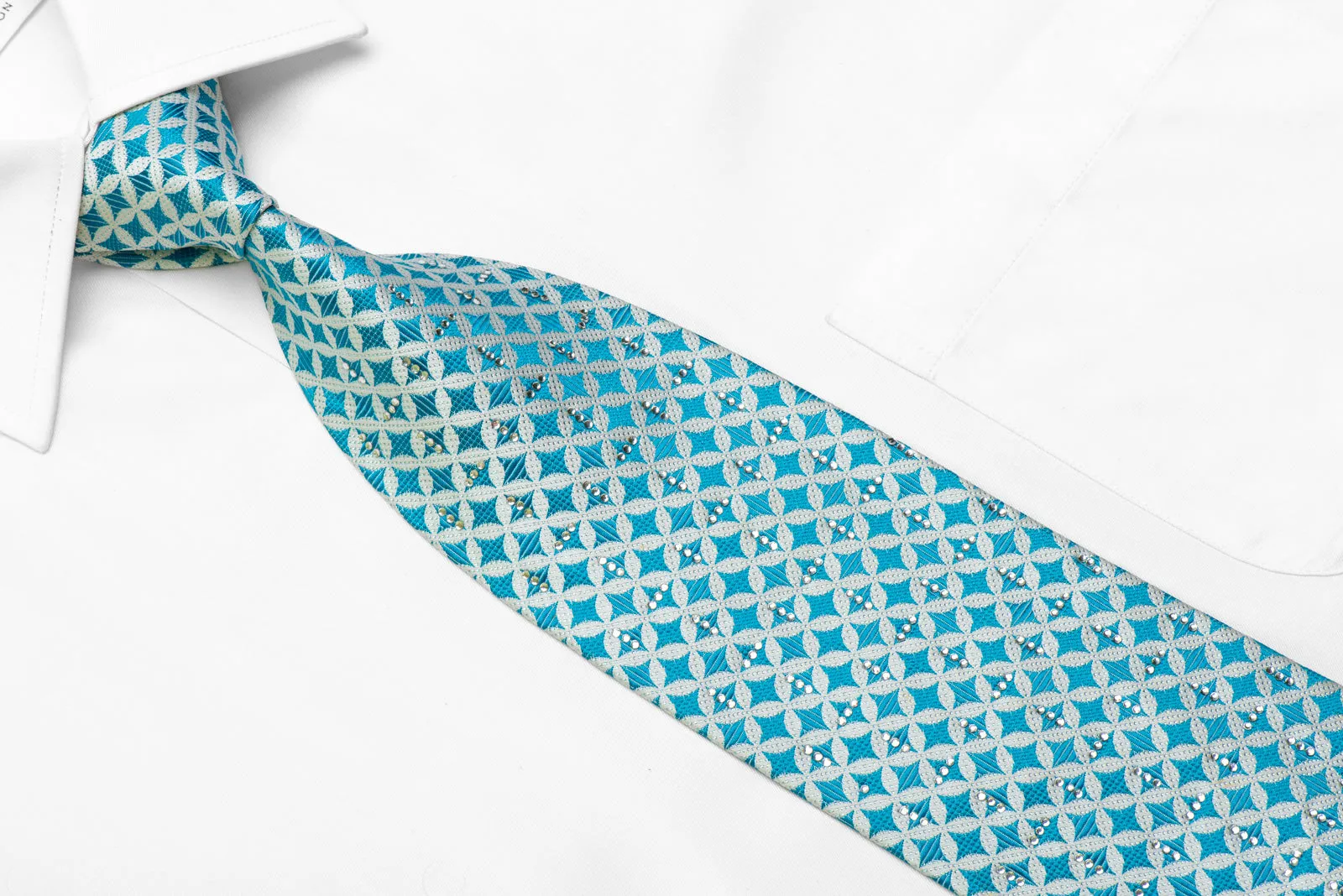 Blue Geometric On White Rhinestone Silk Necktie With Blue Sparkles