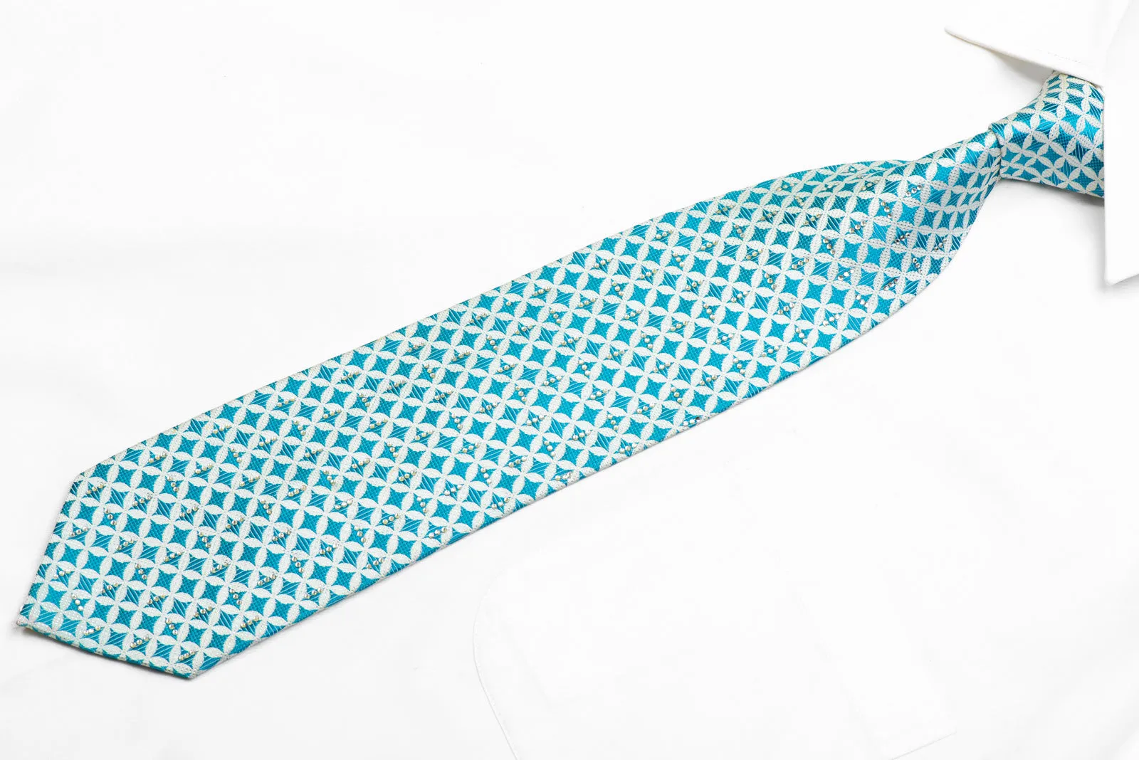 Blue Geometric On White Rhinestone Silk Necktie With Blue Sparkles