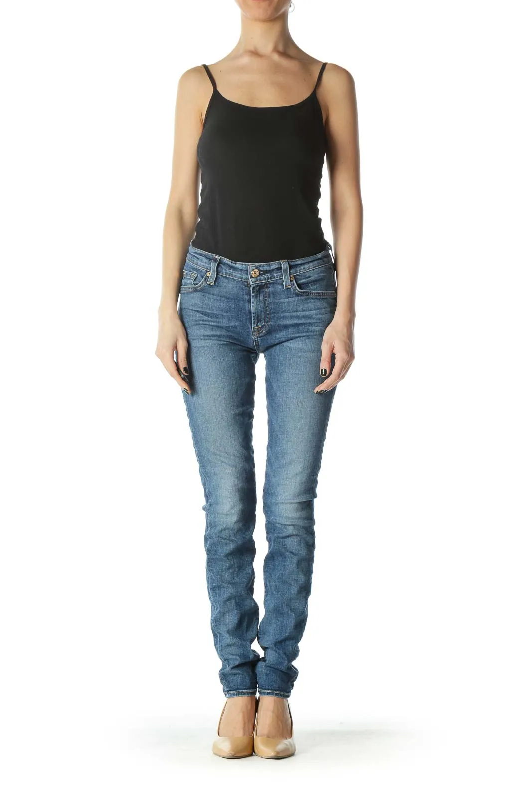 Blue Medium-Wash Straight Leg Denim Jeans